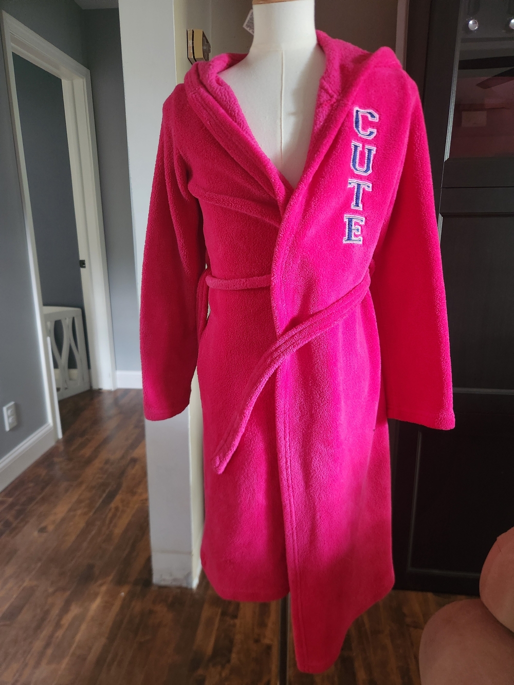 Joe Boxer Hot Pink Hooded Fleece Robe with 'CUTE' Embroidery